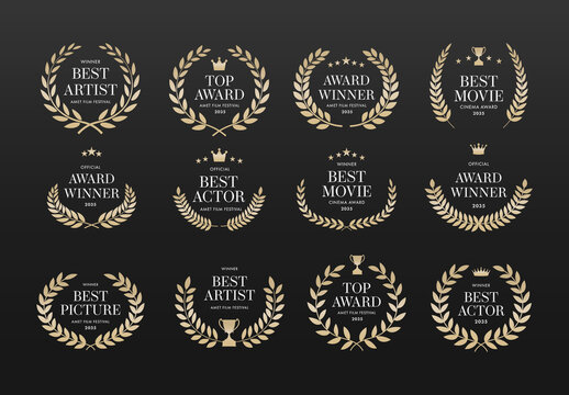 Award Crest & Laurel Wreath Vector Illustration Set for Movie & Film Awards, Festival Nominations