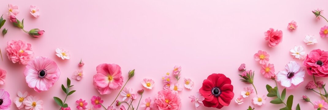 Assorted pink and red flowers with green leaves on a pastel pink background. Floral frame for greeting card design or spring celebration.