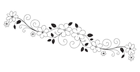 Wildflower branch border with scattered small blossoms and decorative swirls for rustic design themes © MSTALIMA