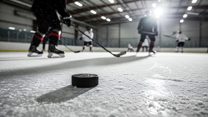Ice hockey players practicing on rink with puck in foreground  