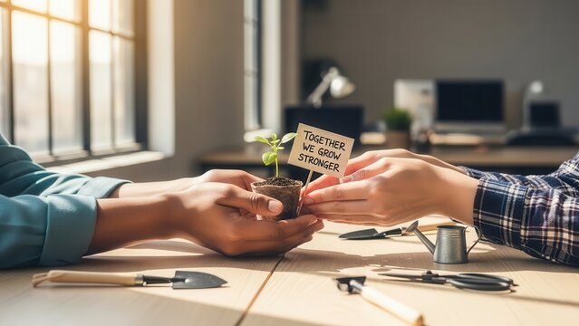 Hands nurturing a plant with 'Together We Grow Stronger' sign