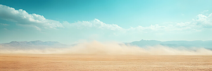 Dramatic scene of a sand storm sweeping across a barren desert landscape wide banner - blue background