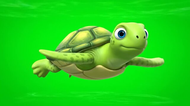 A cheerful cartoon turtle swimming in water against a bright green background with a happy expression.