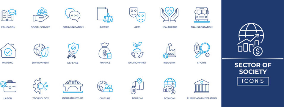 Sector society line icon set. Vector symbols for education, healthcare, justice, education, finance, judiciary, and social services. public and private sector designs.