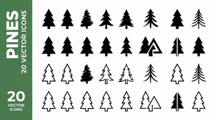 &ldquo;Pine tree icon set with solid and outline styles&rdquo;
