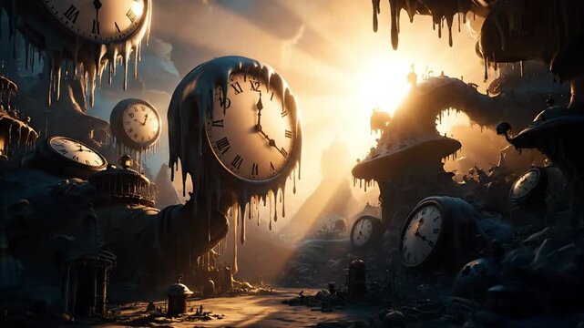 Melting clocks suspended in a surreal landscape with rays of light piercing through the dark, mysterious environment from a low viewpoint