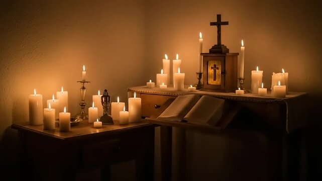 Candles and Cross on Altar in Church.