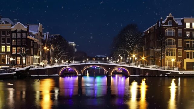 Snowing at night along the river Amstel in Amsterdam