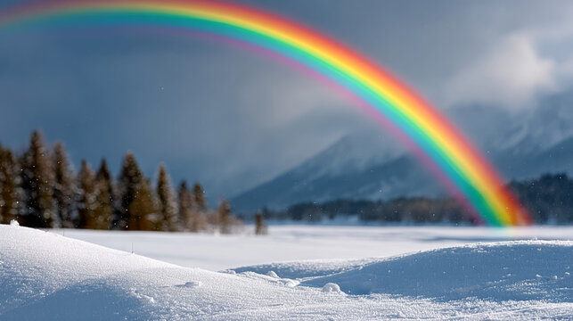 Majestic snowy landscape with vibrant rainbow arc in pristine winter