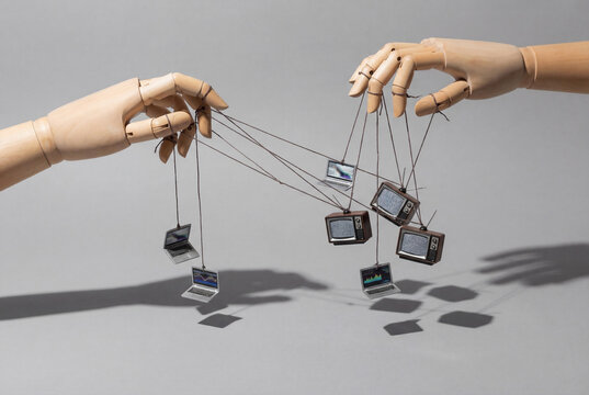 Wooden mannequin hand controlling miniature laptop and television with string like puppet for hybrid war and media manipulation concept
