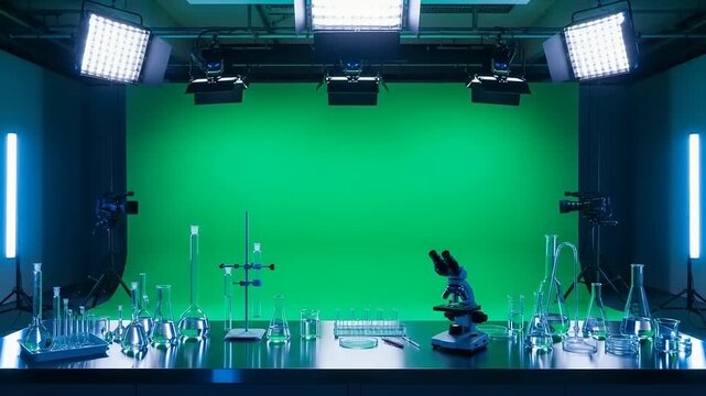 Empty Science Laboratory with Green Screen and Equipment.