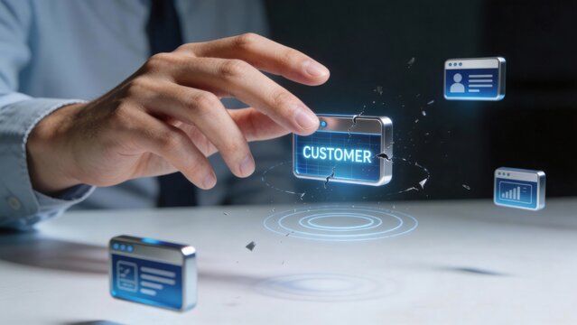 Subscription Fatigue & Churn Management - Close-up of a hand over floating data nodes, illustrating digital information dynamics as some nodes disconnect and drift away.