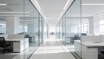 Modern office hallway with glass walls