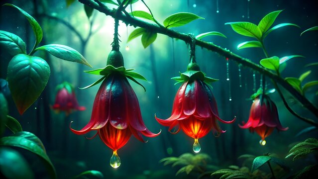 Red bell-shaped copihue flowers hanging from green vines in a temperate rainforest, dewdrops on petals, soft diffused forest light, highly detailed macro shot, natural vibrant colors