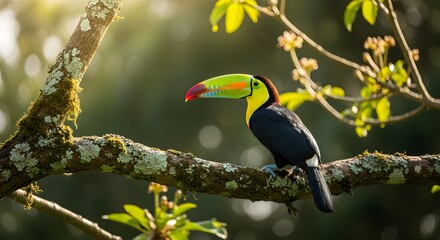 Obraz premium A colorful toucan sits majestically on a sun-drenched branch.
