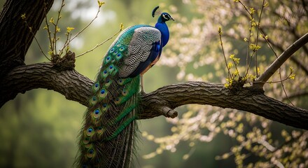 A magnificent Indian peacock perched majestically on a sturdy tree branch.