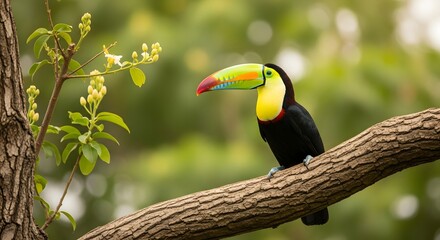 Obraz premium A beautiful toucan with a colorful beak poses on a lush branch.