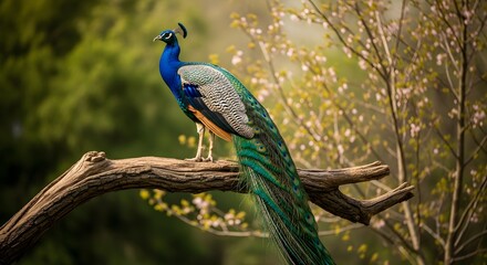 An elegant peacock rests on a natural branch, showcasing its intricate feathers.