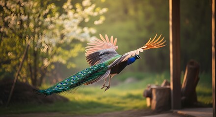 A beautiful peacock gracefully flies through a sunny, natural outdoor environment.