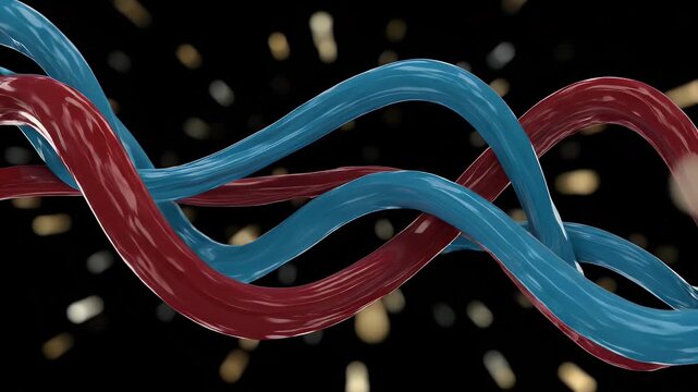 Vibrant red and blue twisted cables against black background forming dynamic abstract pattern for modern technology concepts