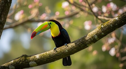 Obraz premium A striking Keel-billed Toucan rests peacefully on a branch in a vibrant forest.
