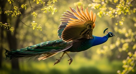 A majestic peacock takes flight with its wings beautifully spread in a forest.