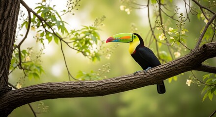 Obraz premium A colorful keel-billed toucan perches on a thick tree branch in nature.