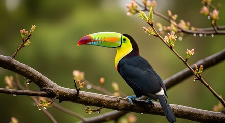 Obraz premium A vibrant keel-billed toucan stands on a branch adorned with delicate buds.