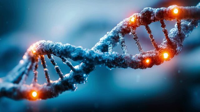 Frozen DNA Double Helix Structure Covered in Ice Crystals Blue