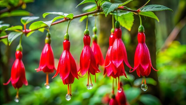 Red bell-shaped copihue flowers hanging from green vines in a temperate rainforest, dewdrops on petals, soft diffused forest light, highly detailed macro shot, natural vibrant colors