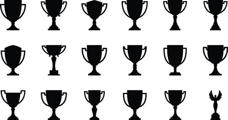 Collection of black trophy cup and winged award statuette silhouettes isolated on white background symbolizing victory, success, achievement, competition recognition © Jakir