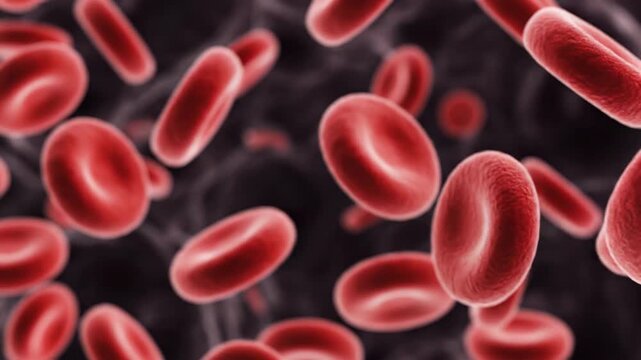 Red blood cells flowing through blood plasma in vessels