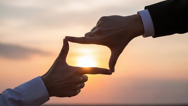 Two sets of hands create a perfect frame around the radiant setting sun, focusing on vision and perspective.