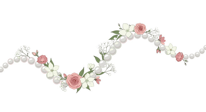 Wavy String of White Pearls with Pink and White Flowers for Elegant Decorative Border Design