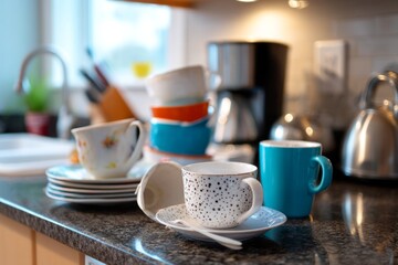 Fototapeta premium Afternoon Tea Cleanup in Kitchen with Stacked Cups and Beautiful Counter Display
