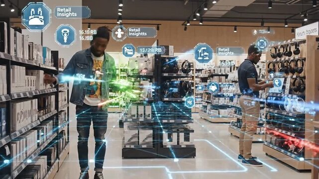 Futuristic retail experience showcasing data-driven insights overlaid on a modern store environment highlighting technology s impact on shopping and consumer behavior analysis