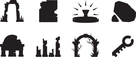 Obraz premium A collection of eight black silhouette icons depicts ancient ruins, mysterious gateways, natural stone formations, and a stylized fountain emblem for game design assets.