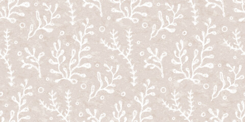 Sea coral reef seamless pattern with ocean underwater plants. Gray background with marine seaweed with chalk pencil texture. Print with white plants under water and paper texture, vector illustration © chizhovao