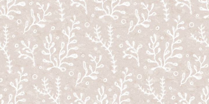 Sea coral reef seamless pattern with ocean underwater plants. Gray background with marine seaweed with chalk pencil texture. Print with white plants under water and paper texture, vector illustration