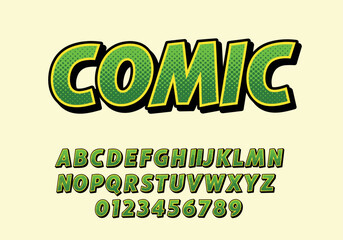 Green Halftone Comic Book Style Font Vector Alphabet with Bold 3D Letters and Numbers for Action Graphic Design Retro Pop Art and Creative Media Projects © Lunavera art