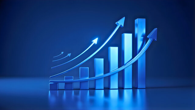 Dynamic business growth represented by rising bar chart and ascending arrows on a sleek blue background