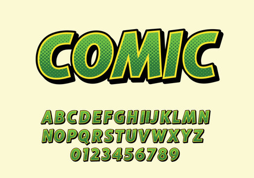 Green Halftone Comic Book Style Font Vector Alphabet with Bold 3D Letters and Numbers for Action Graphic Design Retro Pop Art and Creative Media Projects