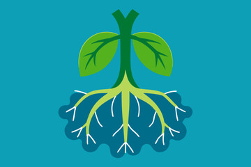 Green plant with roots and leaves on blue background