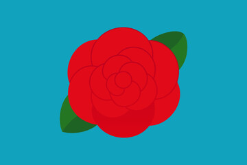 Red rose with green leaves on blue background flower
