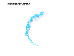 Curved blue smoke arc on white background with subtle posted by text, abstract swirling vapor forming a graceful crescent motion design accent

