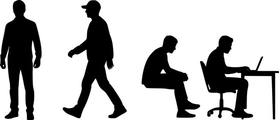 Black silhouette set of people daily activities, isolated on white background