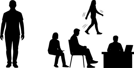Black silhouette set of people daily activities, isolated on white background