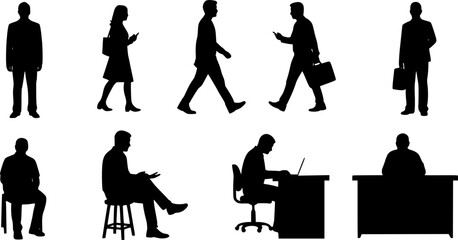 Black silhouette set of people daily activities, isolated on white background