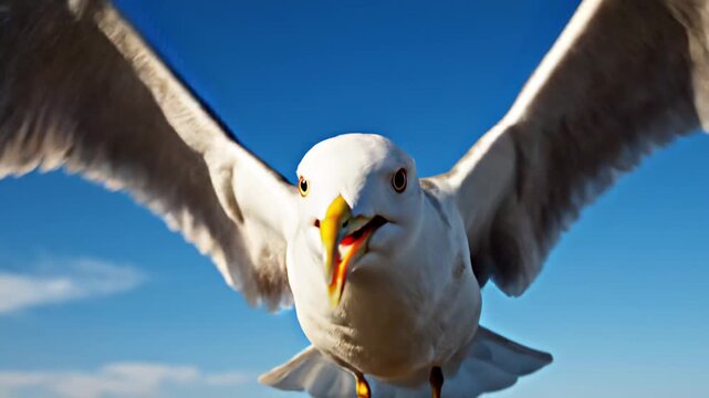 Seagull mid-flight with wings wide against blue sky