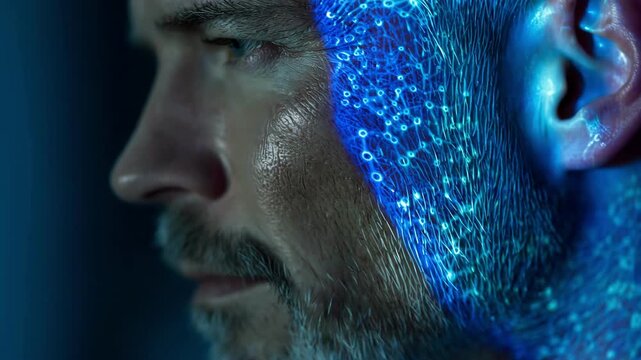Man Face Illuminated by Blue Digital Network Matrix Light Pattern